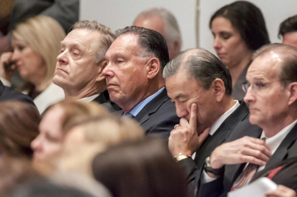 Surrounded by staff, Orange County District Attorney Tony Rackauckas, center, listens as The Orange County Board of Supervisors meets with Robert Gerard and other authors of the Orange County District Attorney Informant Policies & Practices Evaluation Committee Report at The Orange County Hall of Administration in Santa Ana on Tuesday. ///ADDITIONAL INFO: boardsnitchreport.0113 - 1/12/16 - PHOTO BY JOSHUA SUDOCK, STAFF PHOTOGRAPHER - The Orange County Board of Supervisors meets with Robert Gerard and other authors of the Orange County District Attorney Informant Policies & Practices Evaluation Committee Report during their regular meeting at The Orange County Hall of Administration in Santa Ana on Tuesday. Picture made at The Orange County Hall of Administration in Santa Ana, California, on Tuesday, January 12, 2016.