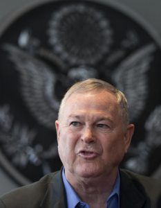 Rep. Dana Rohrabacher, who is leading a U.S. Congressional delegation to the Russian Federation speaks during a news conference in U.S. Embassy in Moscow, Russia, Sunday, June 2, 2013. Rep. Dana Rohrabacher, a California Republican who led the six-person delegation this week, said at a press conference Sunday that there was “nothing specific” that could have helped April’s bombings, but that the U.S. and Russia needed to work more closely on joint security threats. (AP Photo/Alexander Zemlianichenko)