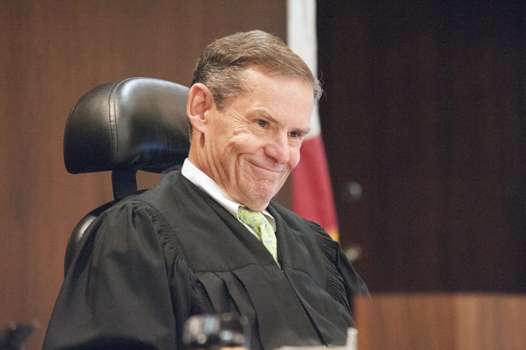 Judge Thomas Goethals talks with Orange County Sheriff's attorney Elizabeth Pejean in his court in Santa Ana during a hearing in the Scott Dekraai case on Friday, October 28, 2016. (Photo by Ken Steinhardt, Orange County Register/SCNG)